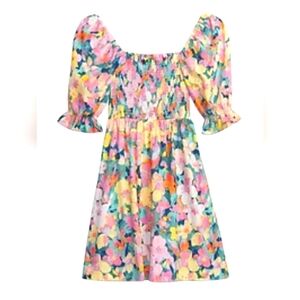 Gap Puff Sleeve Linen Floral Mini Dress Pink Milkmaid Coquette Smocked Pastel XL